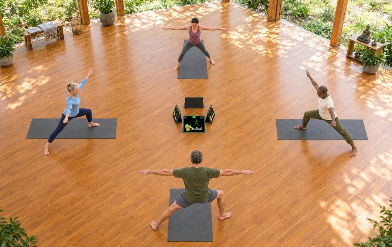 Overhead view of four adults exercising on mats radiating as four even spokes around a small cluster of tablets resting on the studio floor, each person facing the centre about two metres back with their own screen aimed at them; the nearest screen tracks a body-point skeleton and shows a live accuracy score